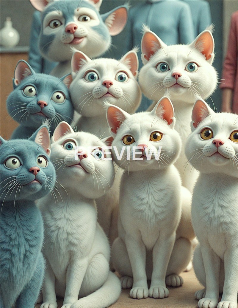 A group of animated cats with wide eyes and varied fur colors, arranged in a close formation indoors, with some humans visible in the background.